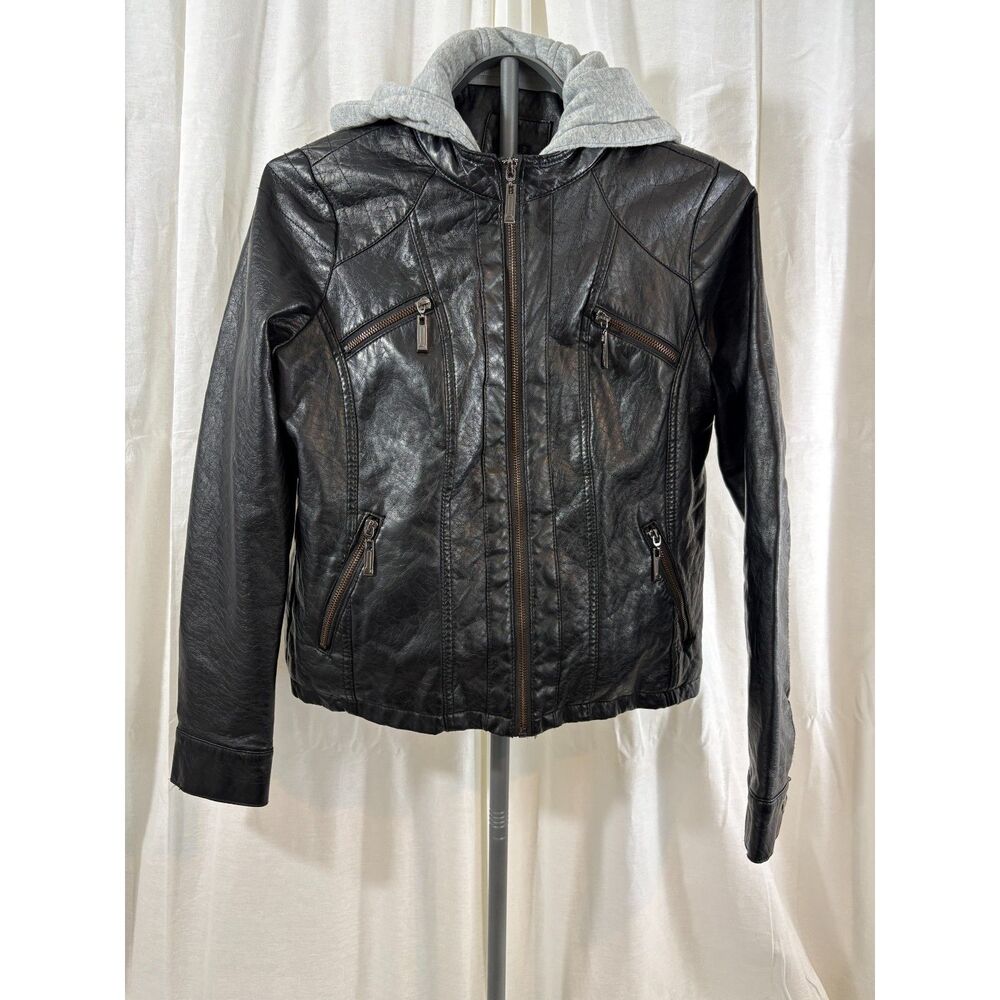 J2 by Jou Jou Black Faux Leather Moto Jacket Gray Removable Hoodie Faux Fur M